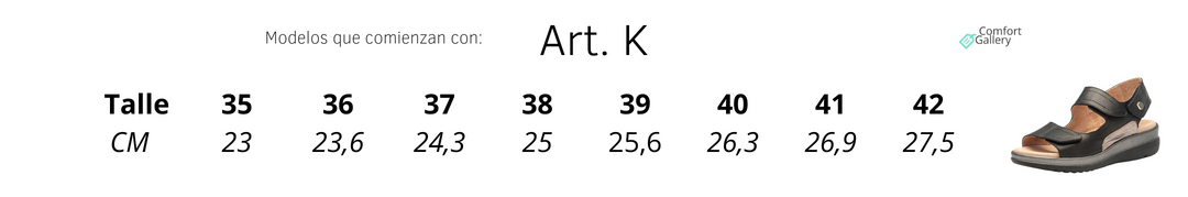 Tabla de talles para artículos que arrancan con K